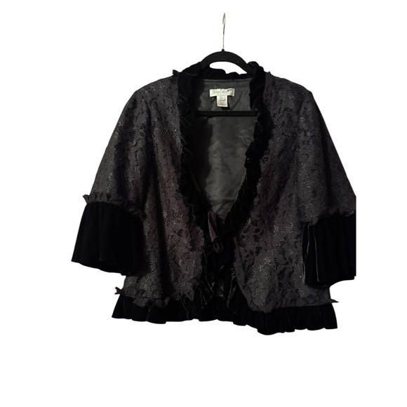 Black Lace Velvet Ruffle Trim Tie Front Bolero Shrug Jacket L Regencycore Gothic - Picture 1 of 9